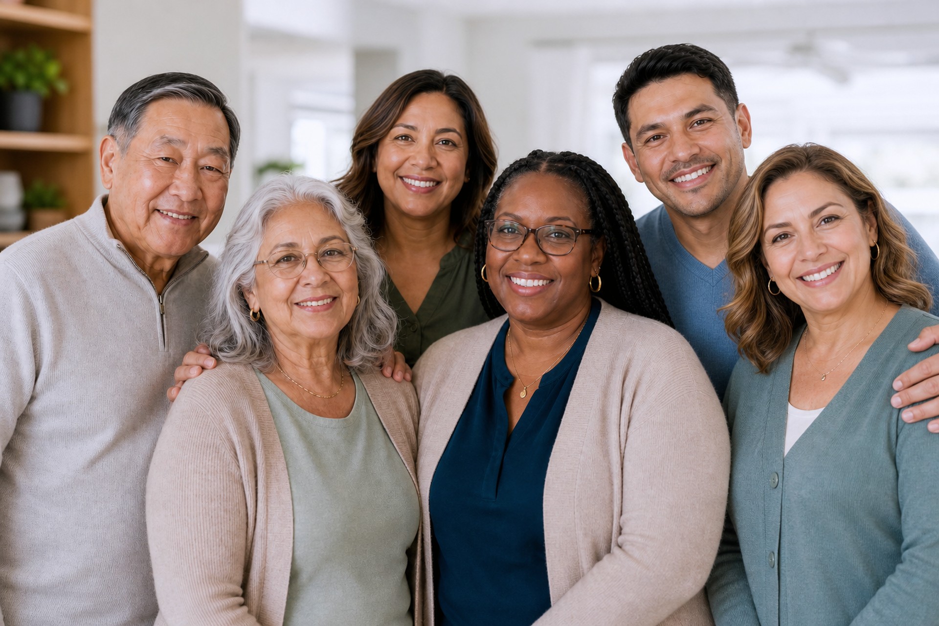 Residents, family, and caregivers smiling together at Penda Home Care